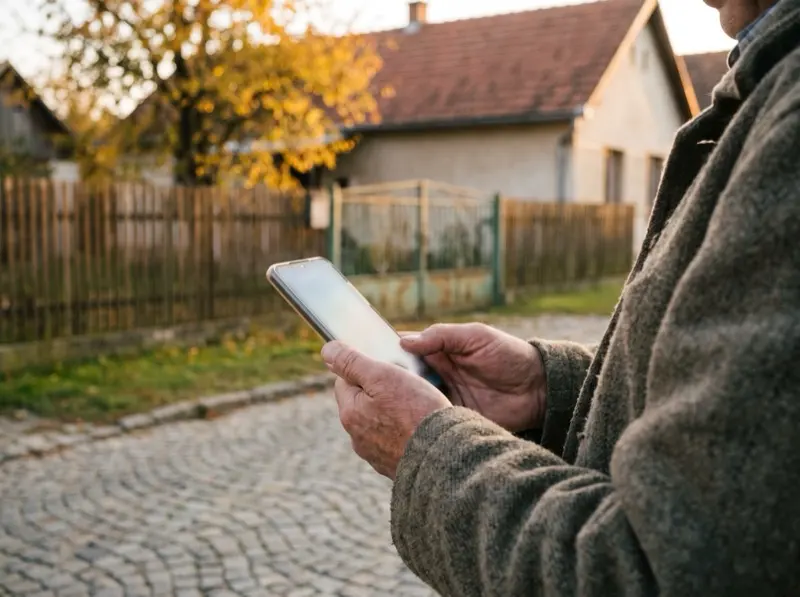 Starší muž na dláždenej ulici obce drží v rukách mobilný telefón